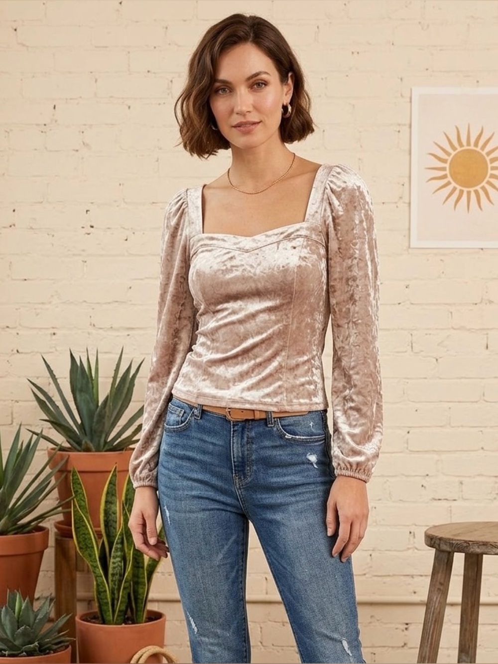 Anthropologie Jessima Velvet Taupe/Tan Top NWOT Size Sm